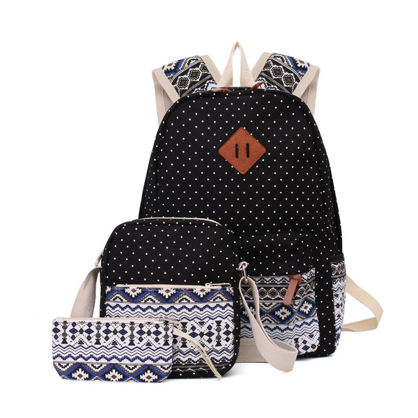 Printed Canvas Backpack for Women - 3 PCS/Set