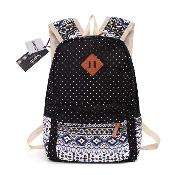 Printed Canvas Backpack for Women - 3 PCS/Set